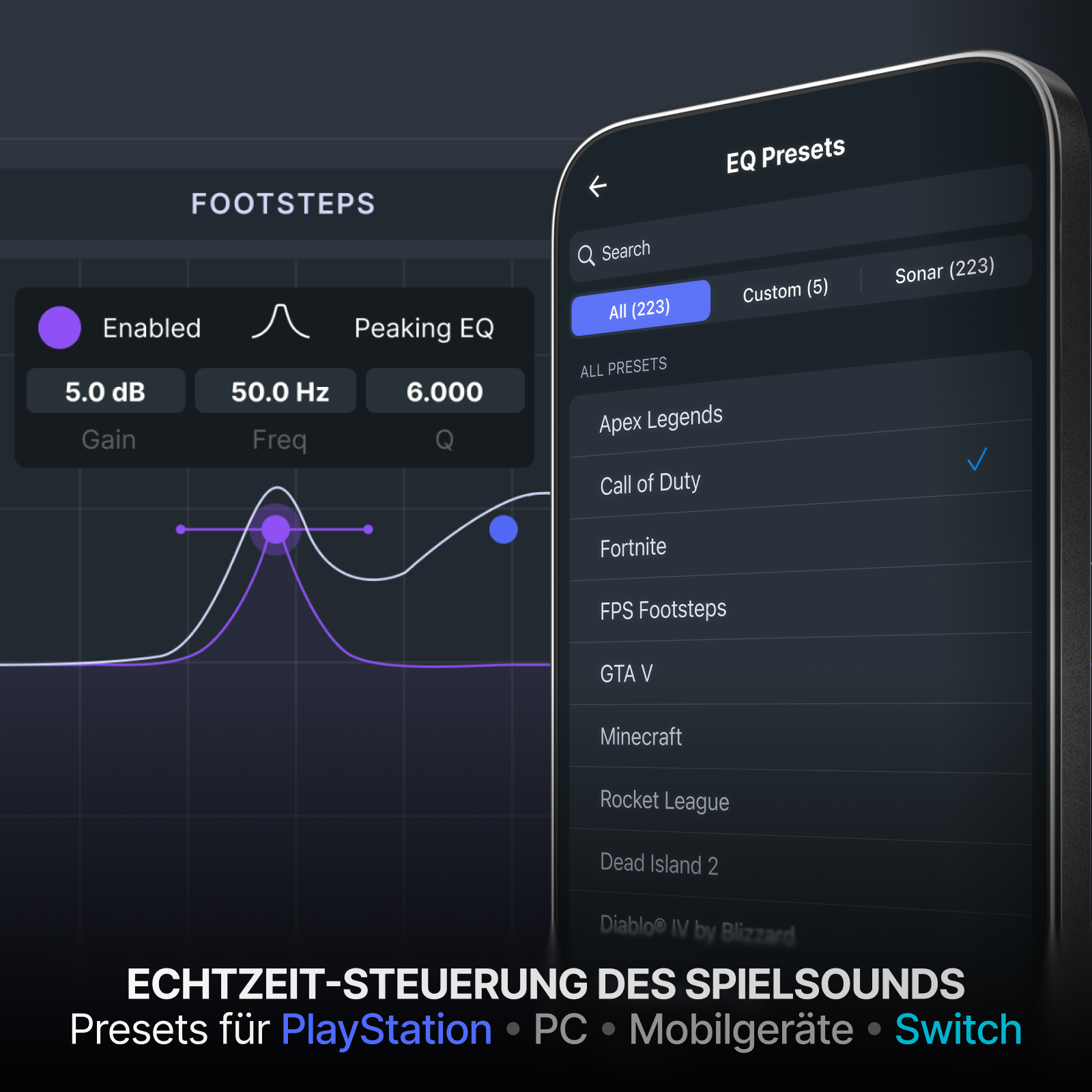 Das Bild zeigt eine EQ-Oberfläche für Audioeinstellungen. Es zeigt Frequenzeinstellungen mit Optionen für Spielvoreinstellungen.