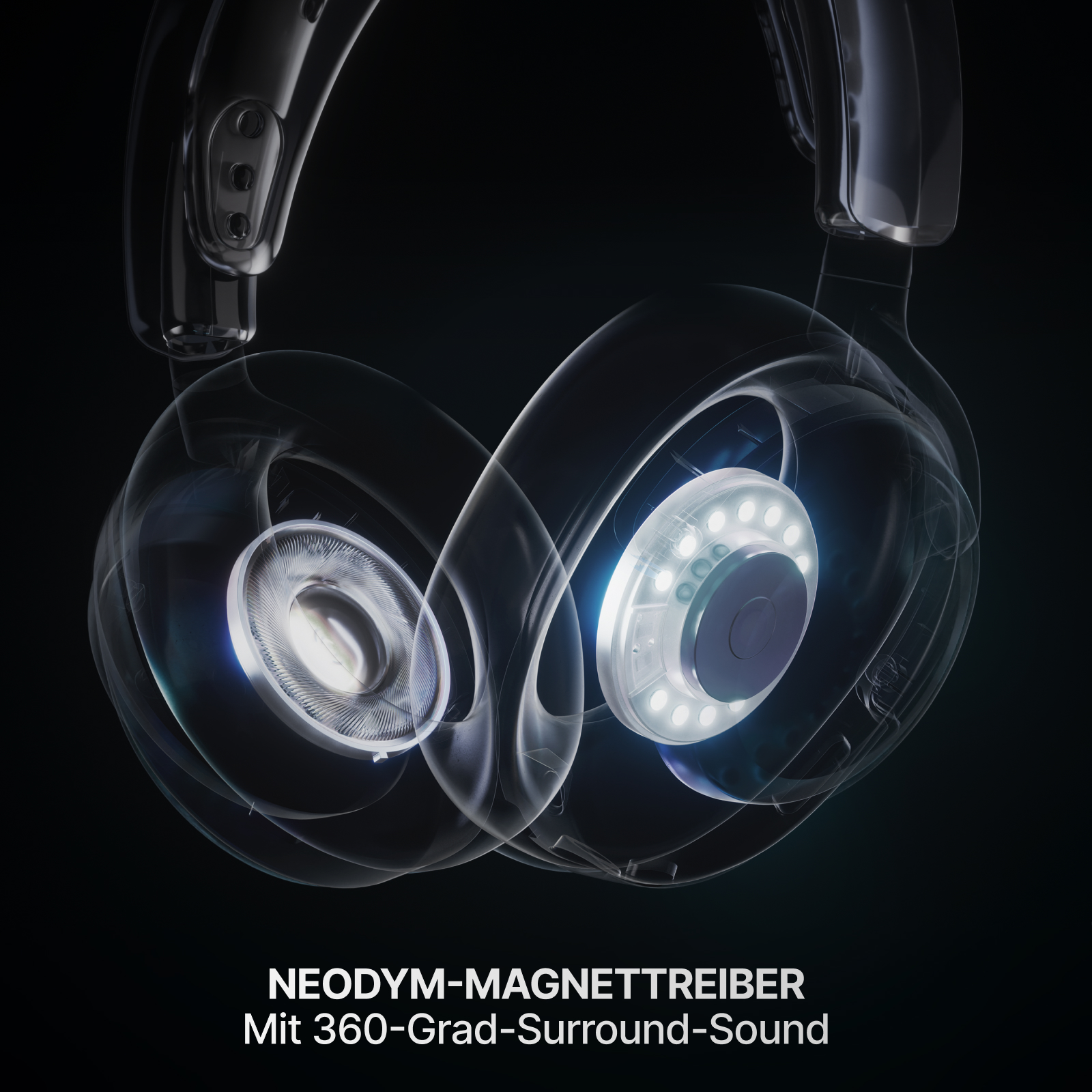 Kopfhörer mit transparenten Elementen, die interne Komponenten zeigen. Text unten: NEODYM-MAGNETTREIBER Mit 360-Grad-Surround-Sound.