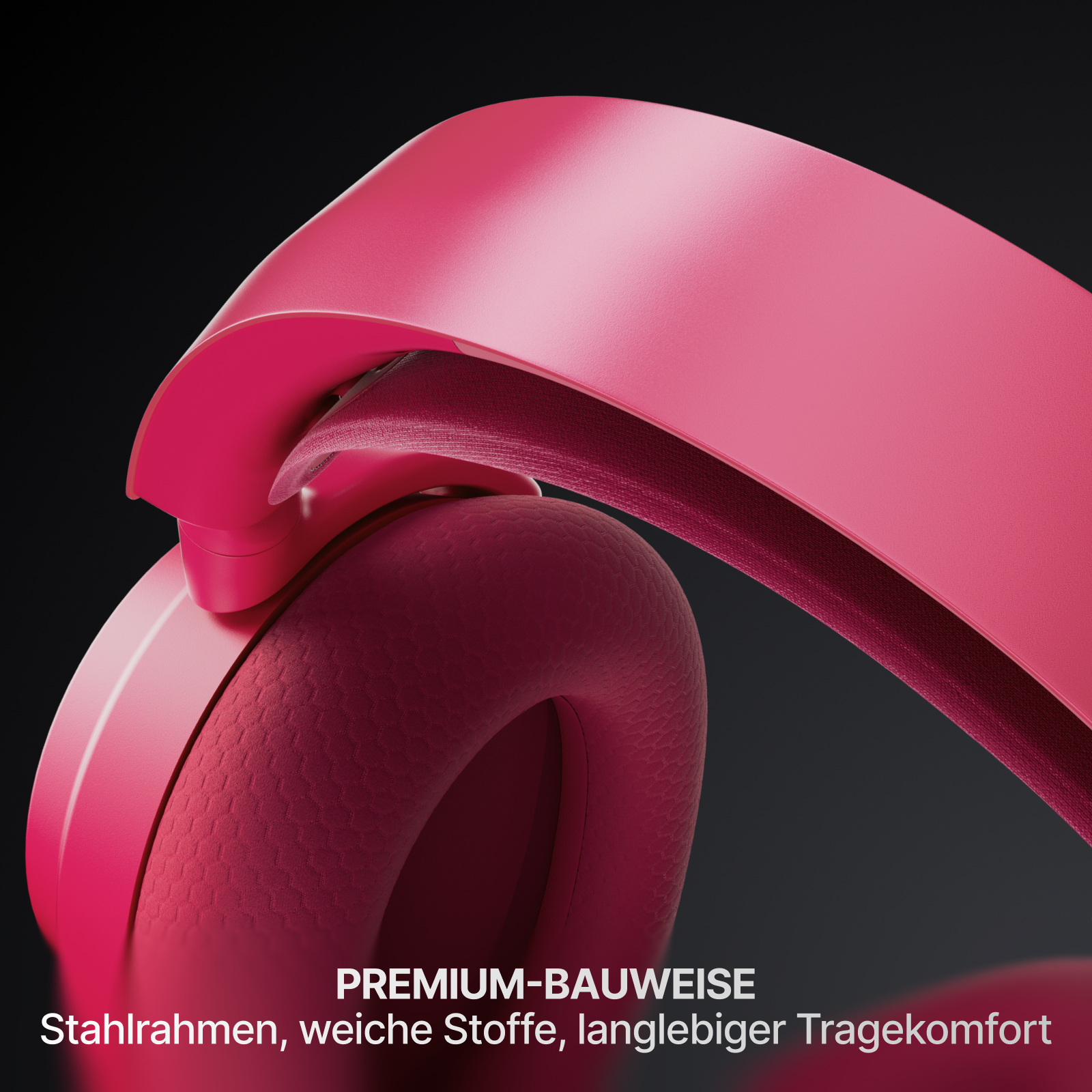 Nahaufnahme von pinkfarbenen Kopfhörern. Sichtbar sind die Ohrmuscheln, das Kopfband und die Polsterung. Schwarzer Hintergrund.