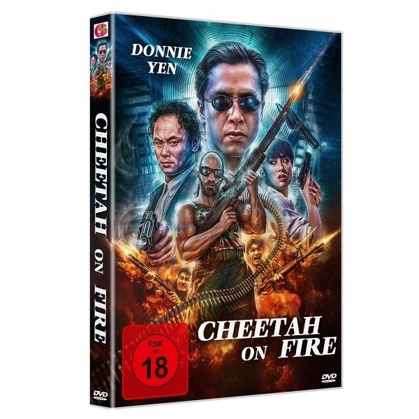 DVD-Cover für Cheetah on Fire. Actionfilm mit Figuren, die Waffen halten. Donnie Yen steht im Mittelpunkt.