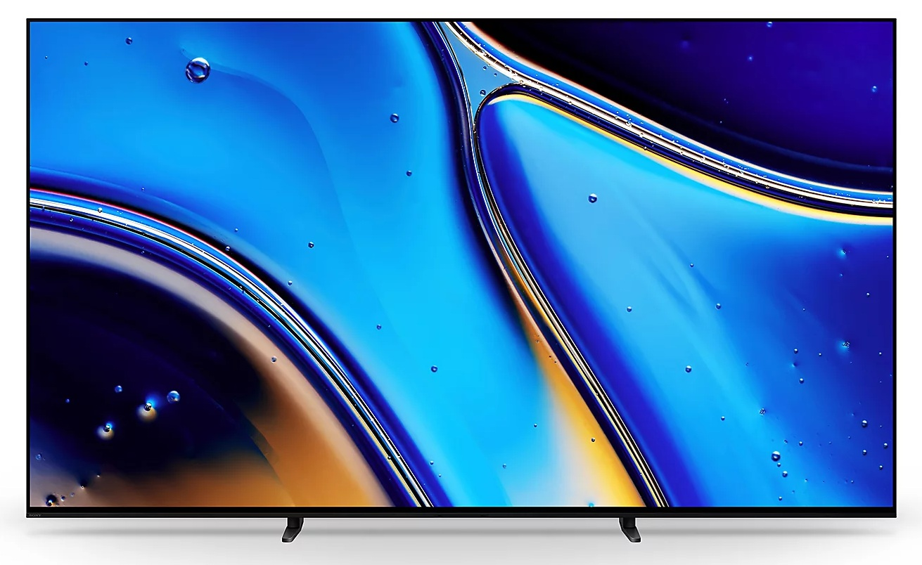 Ekran telewizora wyświetla abstrakcyjną sztukę w odcieniach niebieskiego i złotego z kształtami przypominającymi bąbelki.