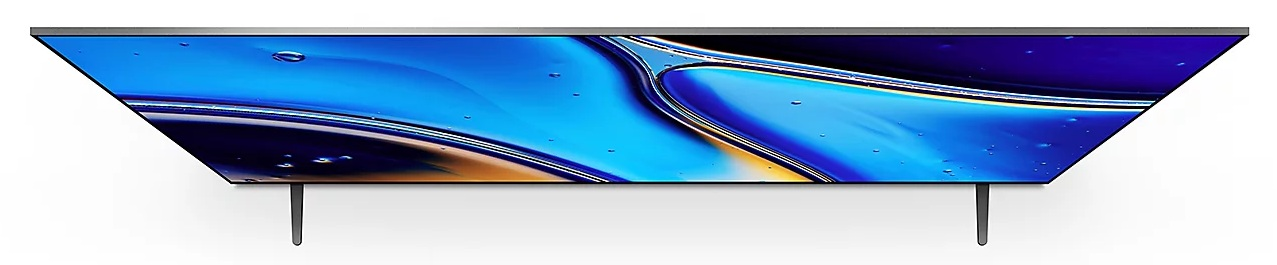 Nowoczesny telewizor z niebieskim abstrakcyjnym wzorem na ekranie, spoczywający na dwóch ciemnoszarych nogach.