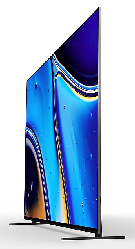 Nowoczesny telewizor z żywym ekranem wyświetlającym niebiesko-żółtą sztukę abstrakcyjną na białym tle.