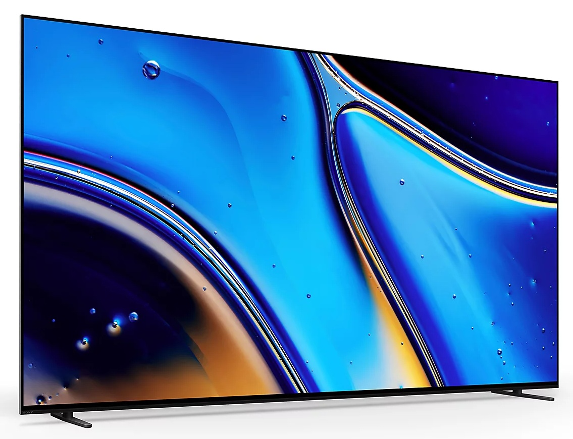 Duży, nowoczesny telewizor wyświetla niebiesko-żółty wzór abstrakcyjny. Ma cienkie czarne obramowania i stoi na czarnych nóżkach.