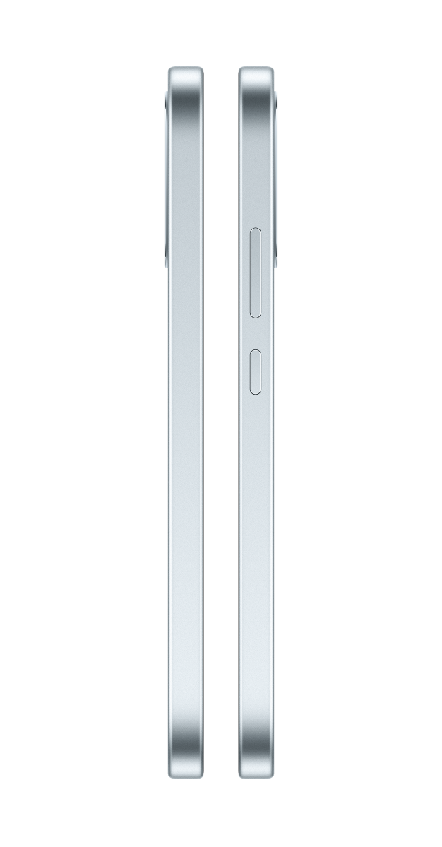 Dwa srebrne smartfony obok siebie. Jeden pokazuje przyciski, drugi płaską stronę. Czarne tło.