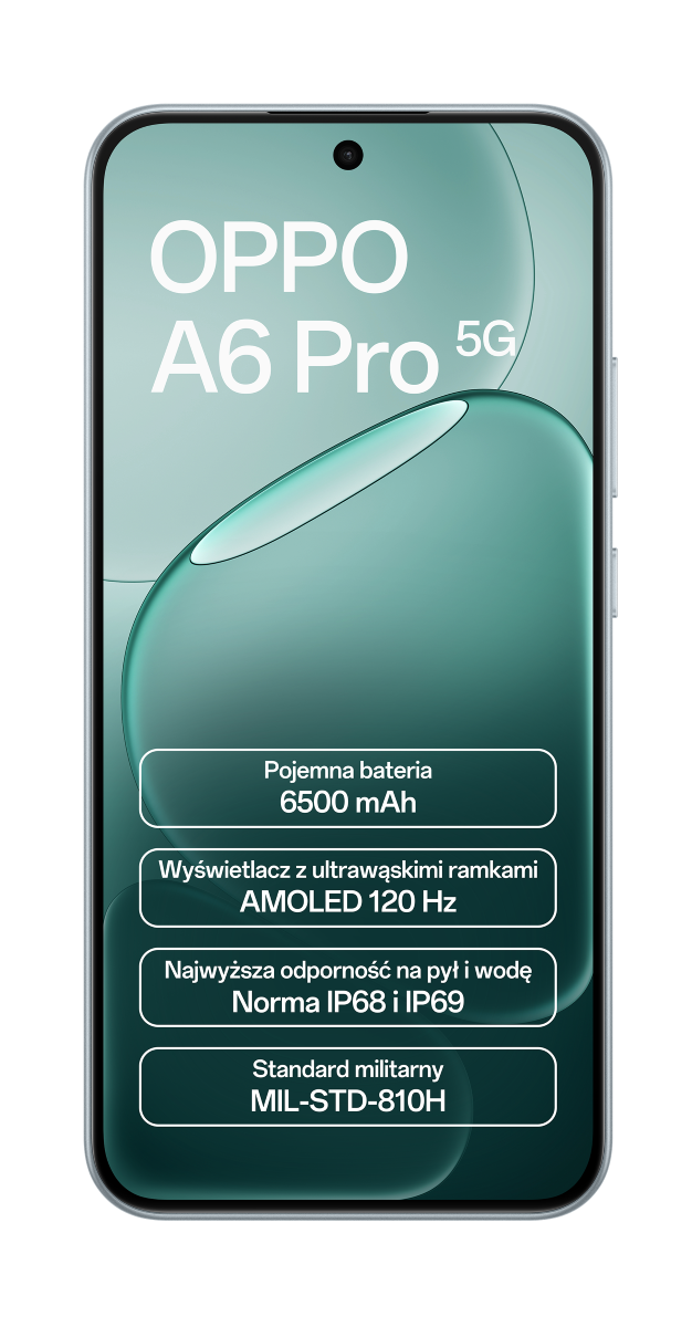 Telefon OPPO A6 Pro 5G z zielonym gradientowym wyświetlaczem. Cechy: bateria 6500 mAh, AMOLED 120 Hz, IP68/IP69, MIL-STD-810H.