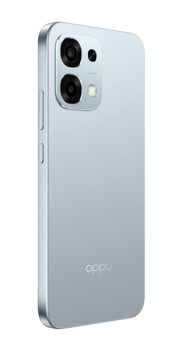 Jasnoniebieski smartfon Oppo, widok pod kątem. Posiada aparat z dwoma obiektywami i lampą błyskową. Logo Oppo na dole. Przyciski głośności z boku.