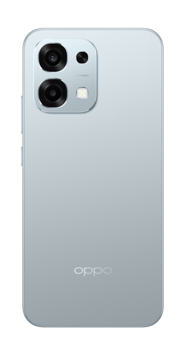 Jasnoniebieski tył smartfona z modułem aparatu. Ma trzy obiektywy i logo oppo na dole.
