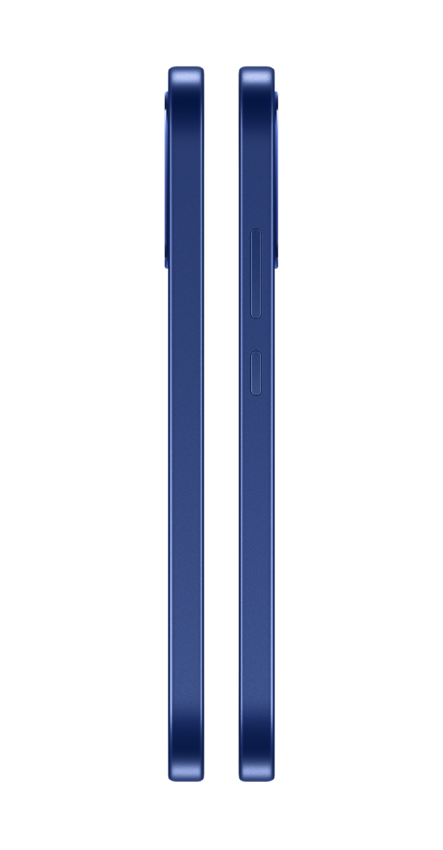 Dwa niebieskie smartfony obok siebie na czarnym tle. Jeden pokazuje przyciski. Oba mają metaliczne wykończenie.