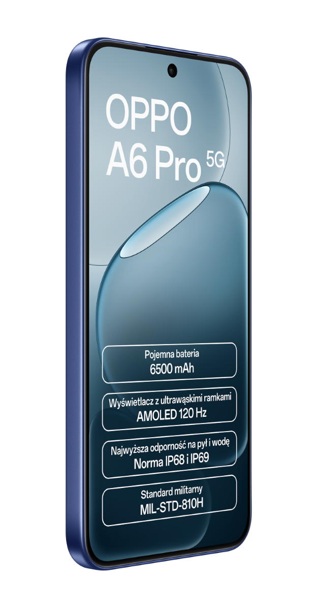 Niebieski telefon Oppo A6 Pro 5G na czarnym tle. Na ekranie: bateria 6500 mAh, AMOLED 120 Hz, IP68/IP69, MIL-STD-810H.