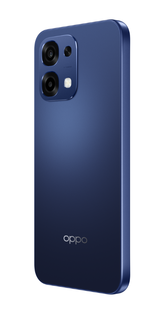 Niebieski smartfon Oppo, widok z tyłu z dwoma aparatami, lampą błyskową i logo. Czarne tło.