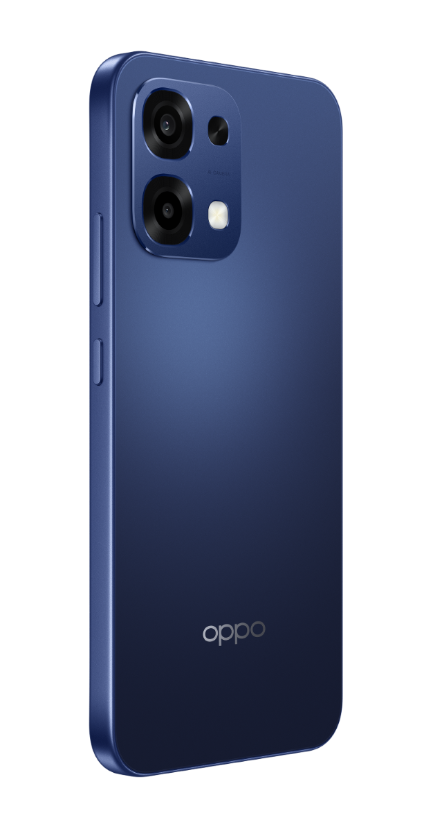 Niebieski smartfon Oppo. Tył pokazuje obiektywy aparatu i logo Oppo. Telefon jest w widoku 3/4.