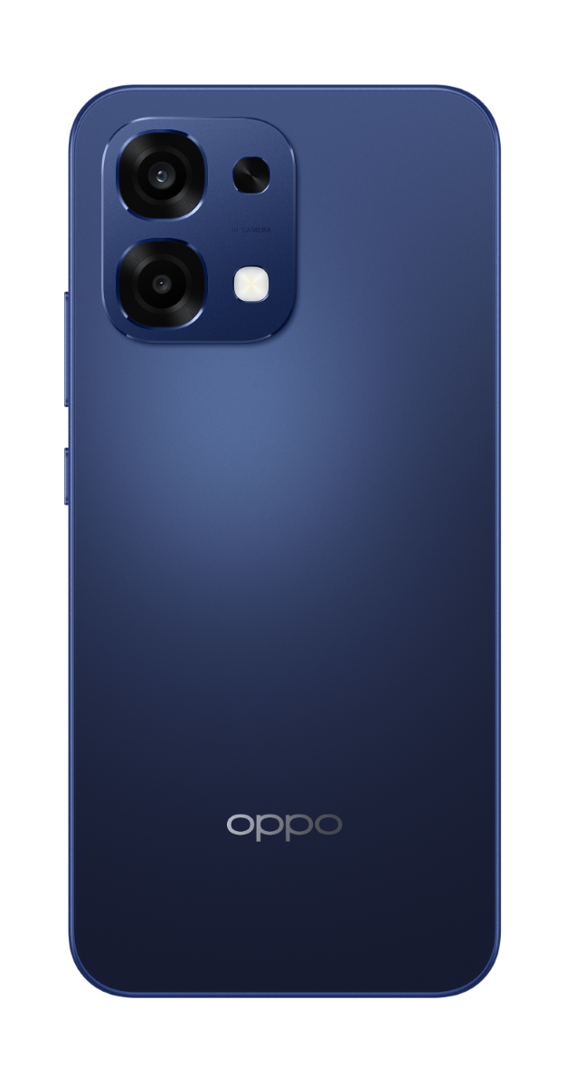 Niebieski tył smartfona Oppo. Posiada moduł aparatu z trzema obiektywami i lampą błyskową. Logo Oppo jest widoczne na dole.