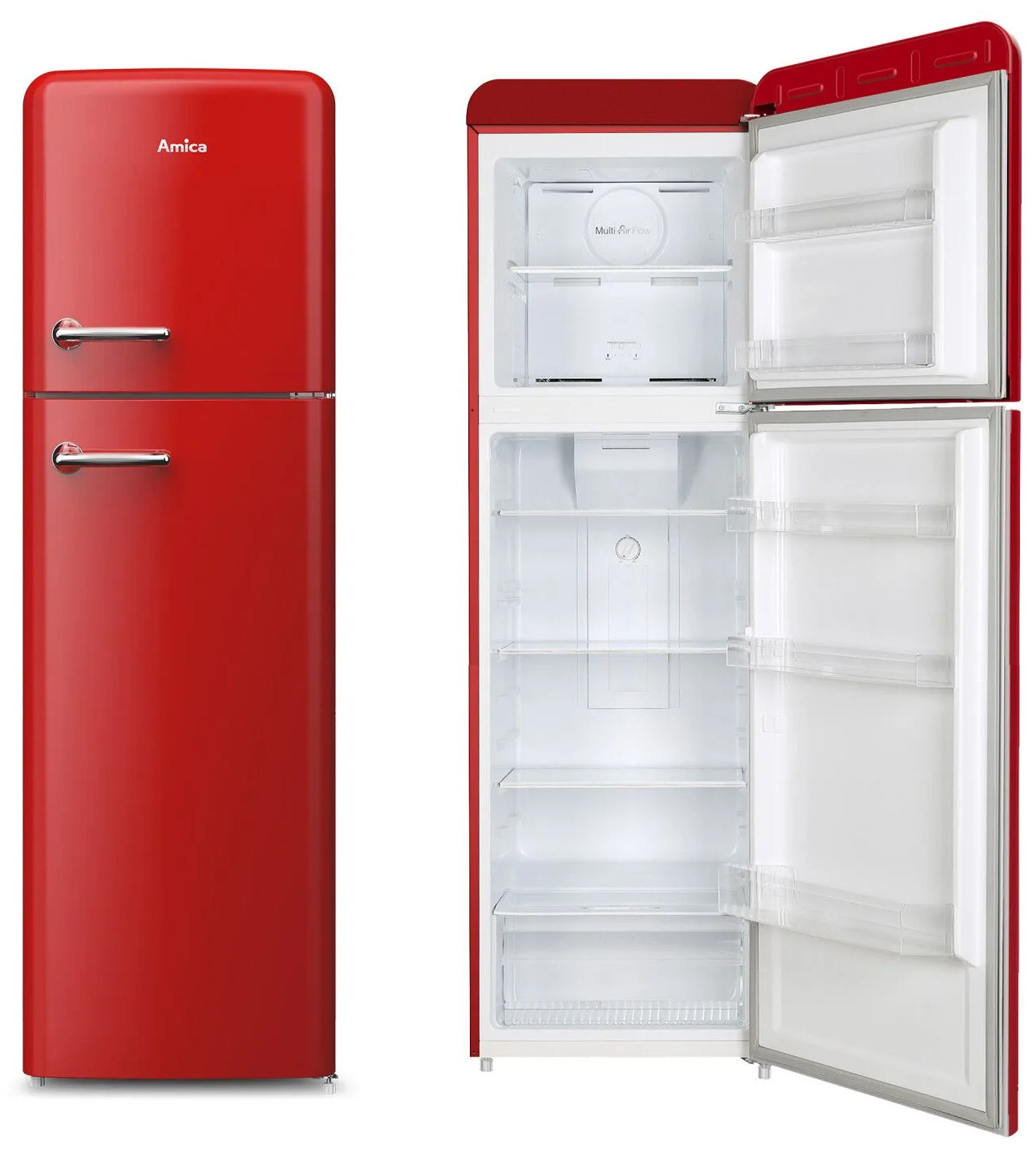 Czerwona lodówka Amica. Jedne drzwi zamknięte, drugie otwarte, pokazujące wnętrze z półkami i przegrodami. Retro design.
