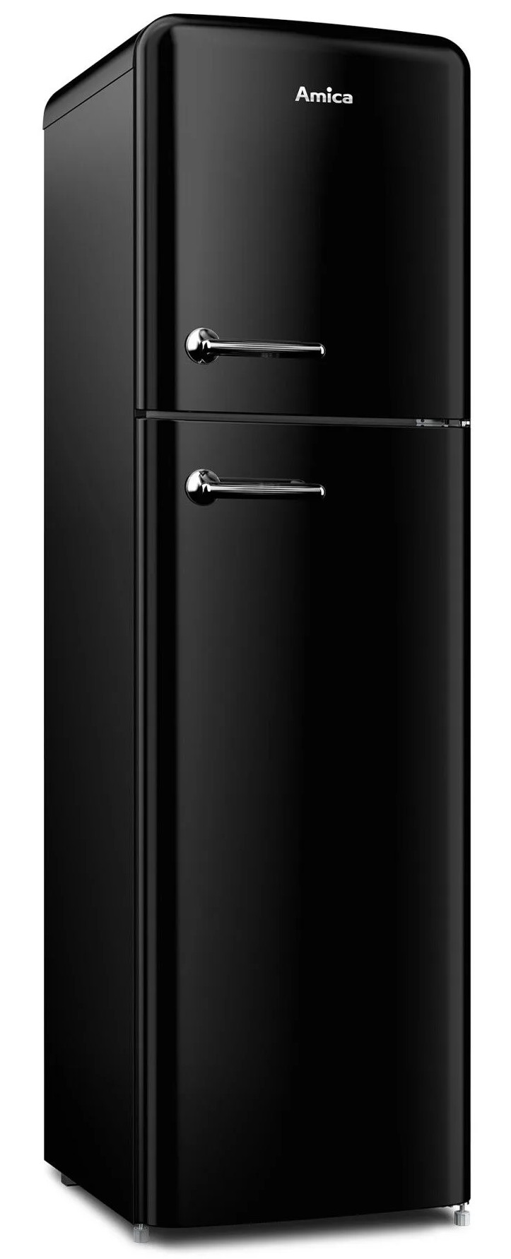 Czarna lodówka Amica z dwiema drzwiami i chromowanymi uchwytami. Logo Amica znajduje się na górze. Lodówka stoi na białym tle.