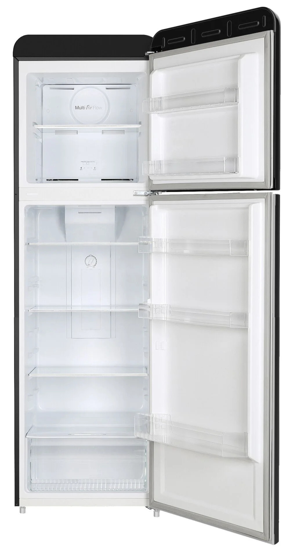 Otwarta lodówka, czarny wierzch i boki, białe wnętrze, puste półki, przezroczyste półki na drzwiach i funkcja multi-air flow.