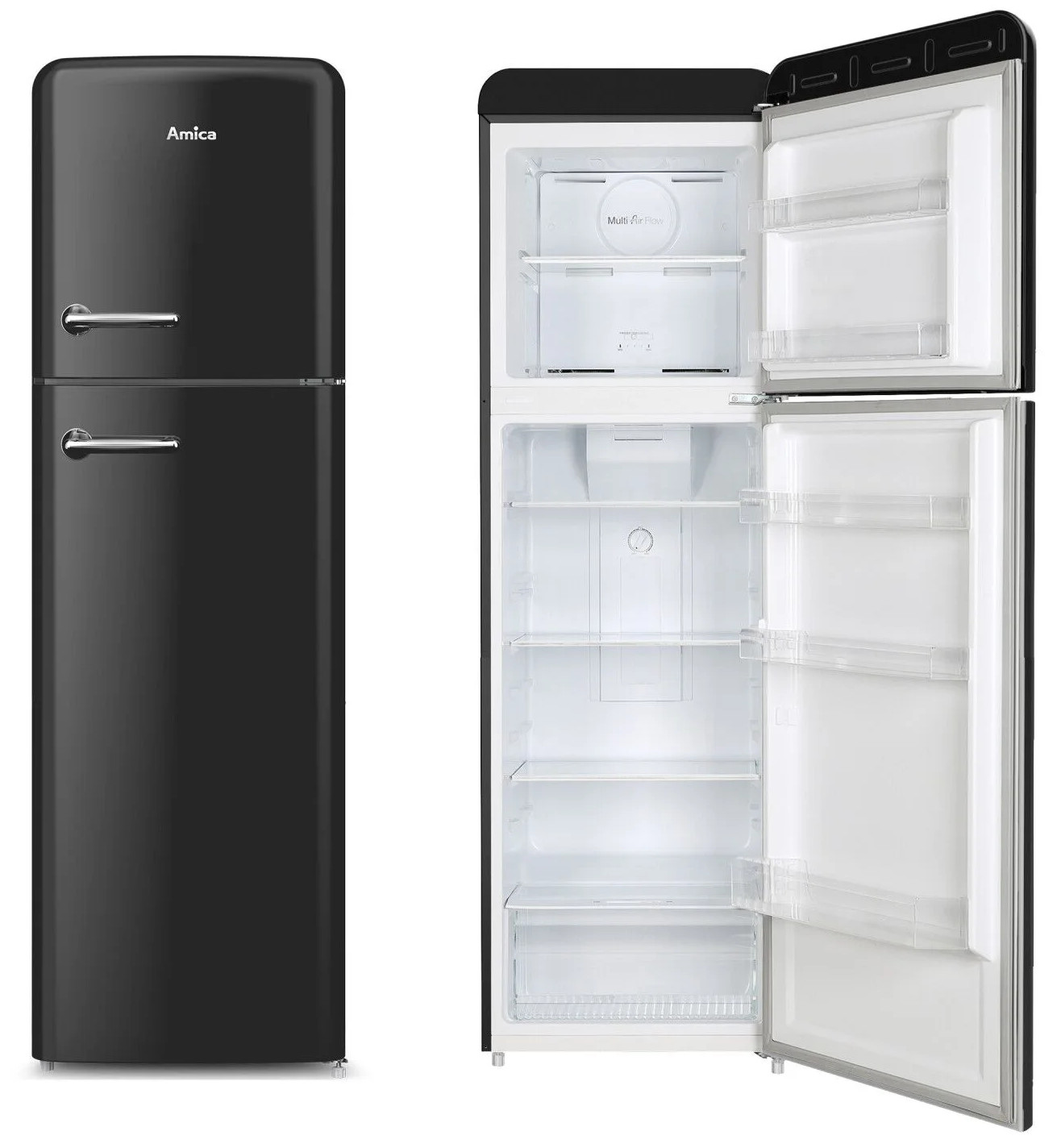 Czarna lodówka Amica, jedne drzwi otwarte, odsłaniające białe półki wewnętrzne. Srebrne uchwyty, retro design.