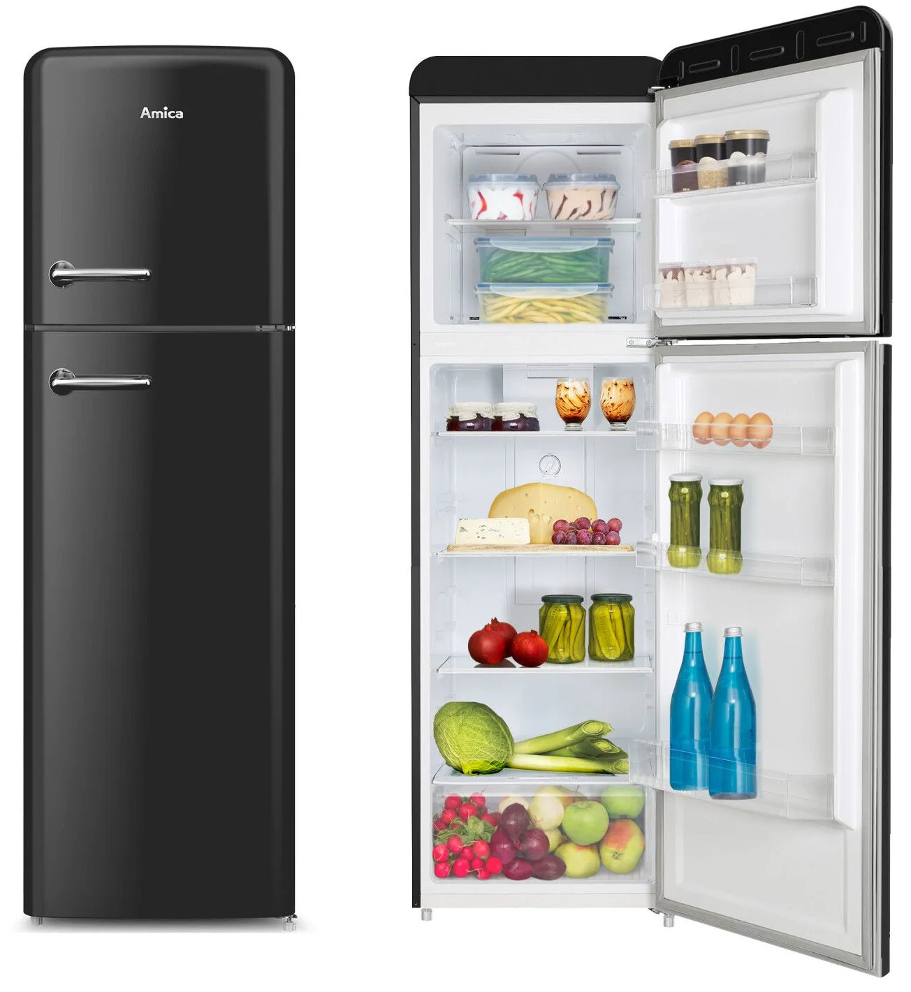Czarna lodówka Amica, otwarta, aby pokazać produkty spożywcze: ser, jajka, warzywa, słoiki, butelki i pojemniki wypełnione jedzeniem.