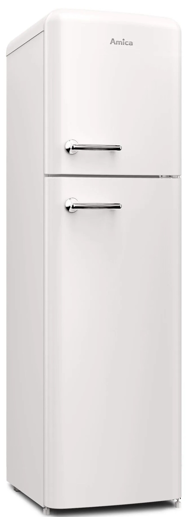 Biała lodówka Amica z dwiema drzwiami i chromowanymi uchwytami. Logo Amica znajduje się u góry.