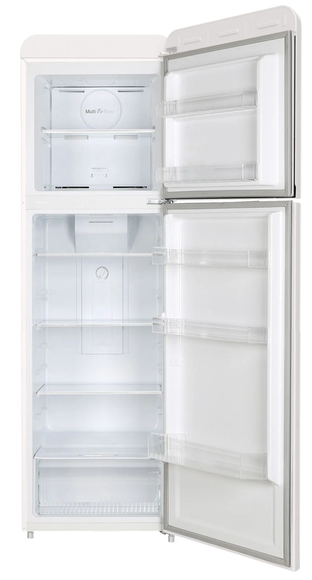 Otwarta biała lodówka. Górne drzwi otwarte, pokazujące zamrażalnik. Dolne drzwi otwarte, odsłaniające półki i przezroczyste przegrody.