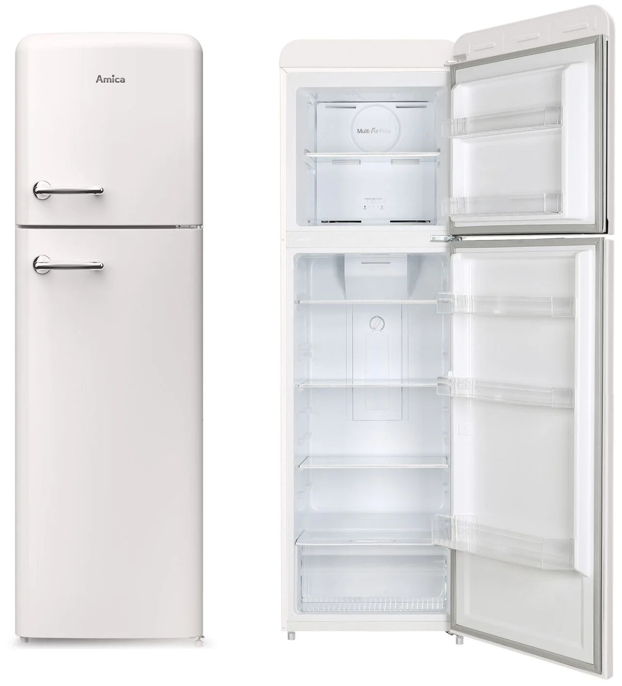 Biała lodówka Amica, jedne drzwi otwarte. W środku półki i przegródki. Zamknięte drzwi mają uchwyty.