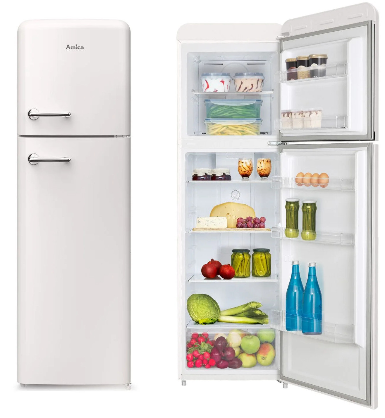 Biała lodówka, jedne drzwi otwarte. W środku widoczne różne produkty spożywcze, takie jak słoiki, butelki, warzywa i pojemniki.