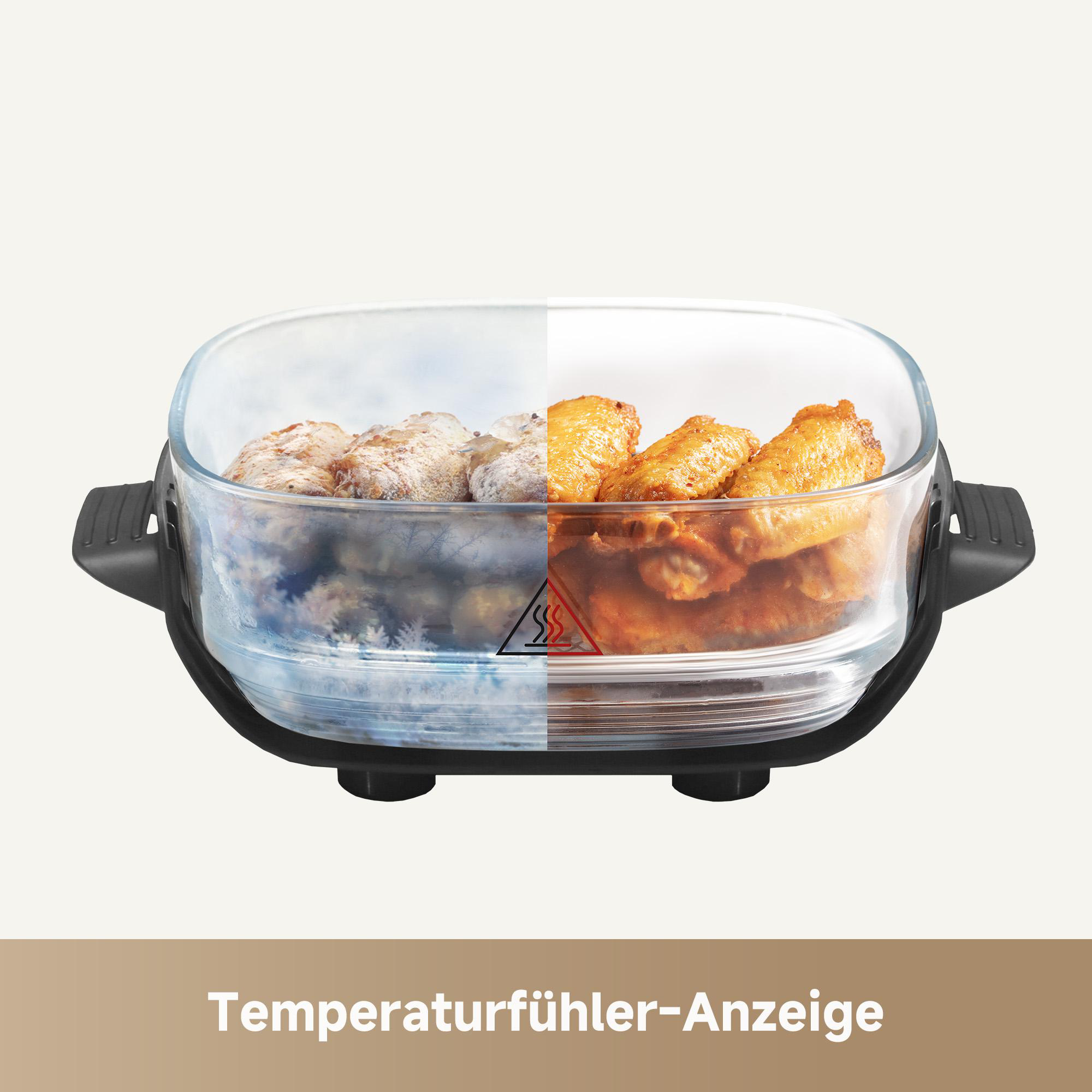 Ein geteiltes Glasgefäß zeigt rohes und gekochtes Huhn. Der Boden hat eine schwarze Basis. Der Text lautet 'Temperaturfühler-Anzeige'.