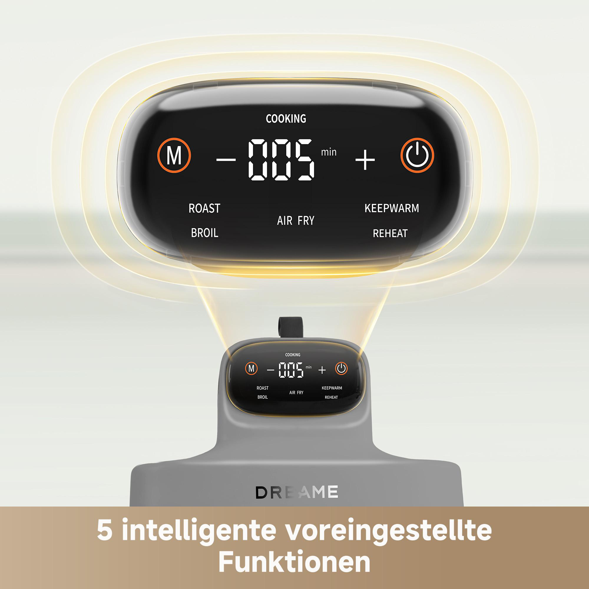 Bedienfeld einer Heißluftfritteuse mit Kochoptionen und Zeitangabe. Der Markenname ist unten sichtbar.