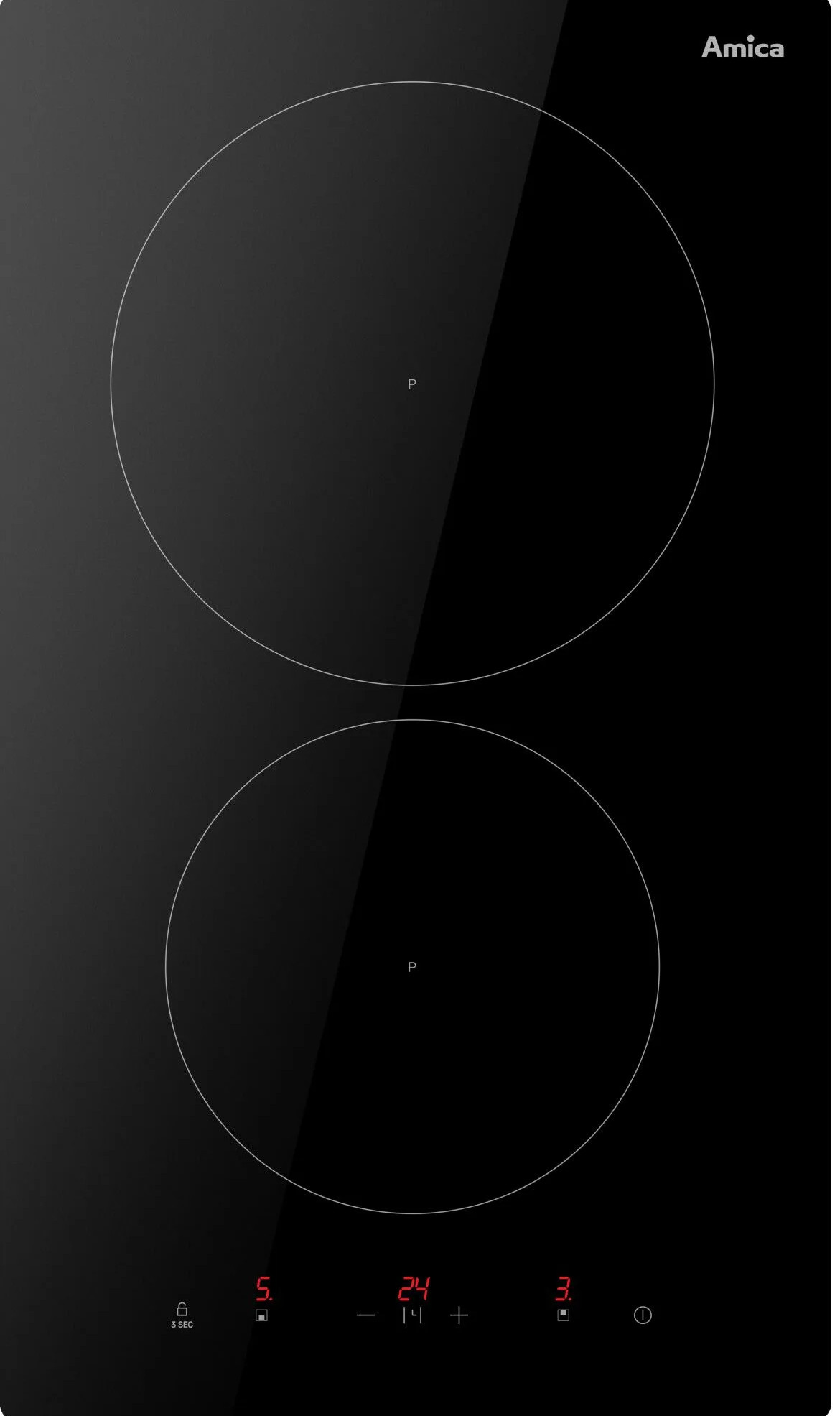 Czarna płyta indukcyjna Amica z dwoma polami grzewczymi, wyświetlacz cyfrowy z czasem i poziomami mocy. Sterowanie dotykowe.