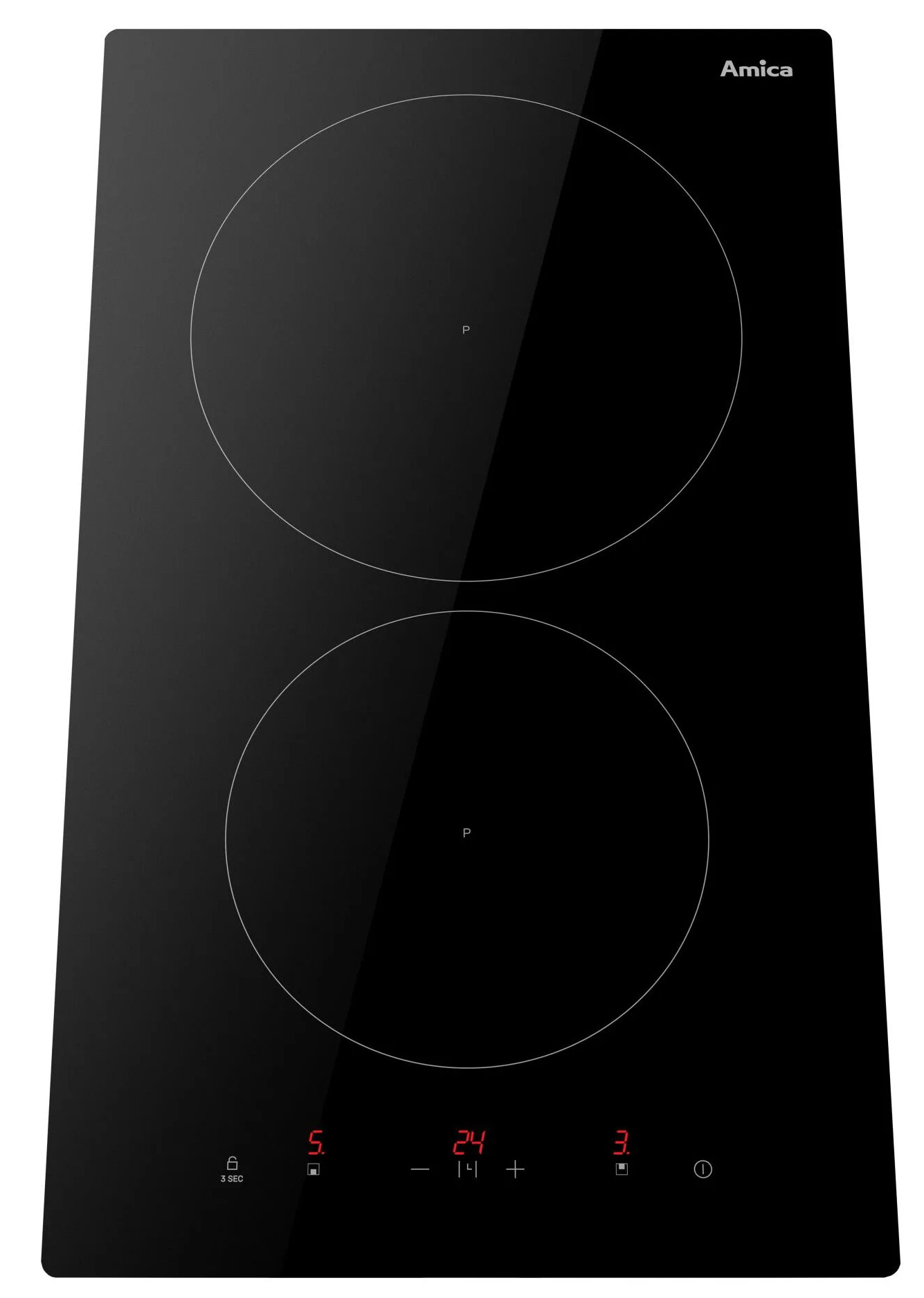 Czarna płyta indukcyjna Amica z dwoma okrągłymi strefami grzewczymi, wyświetlaczem cyfrowym i przyciskami.
