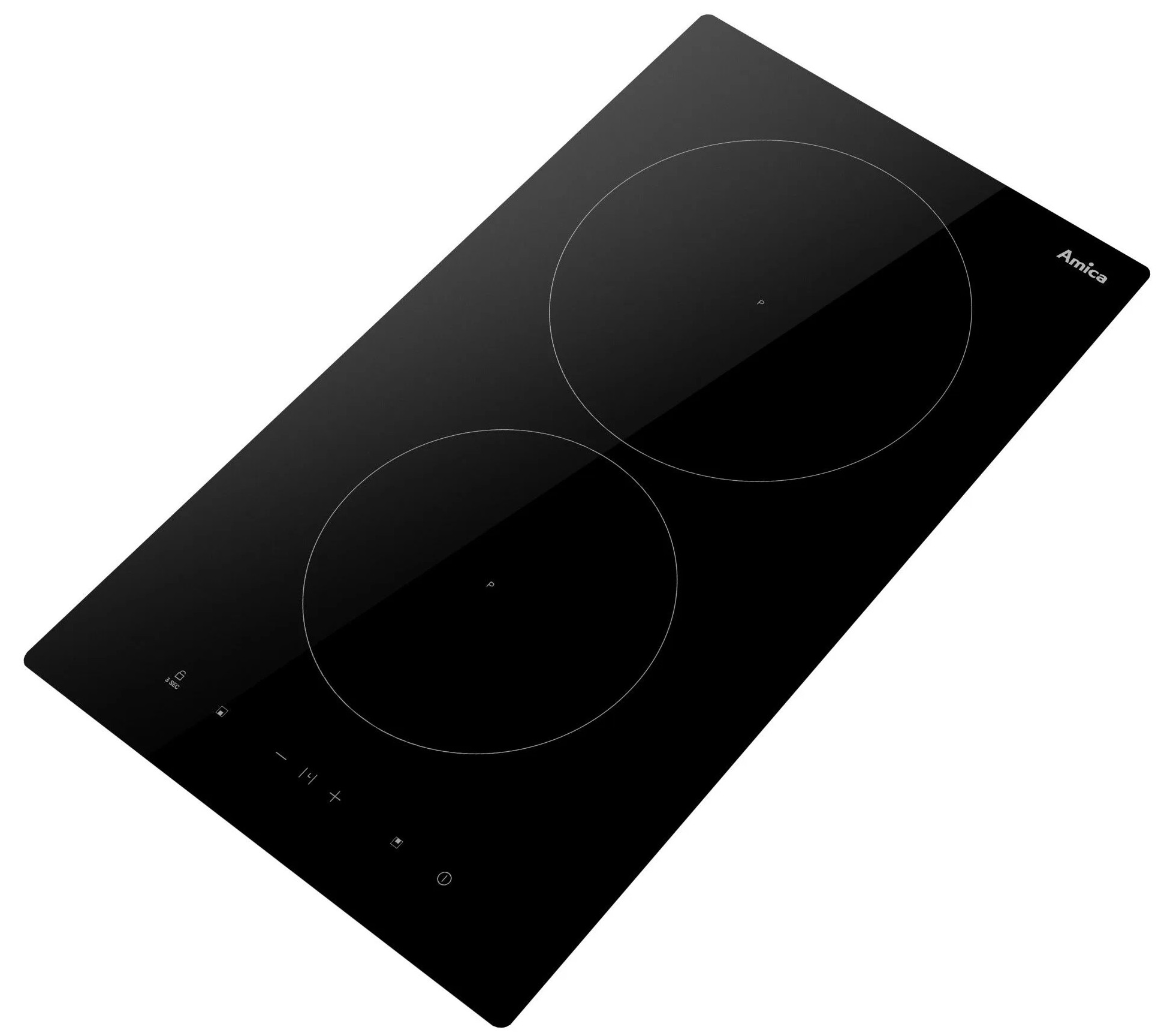 Czarna płyta indukcyjna z dwoma okrągłymi strefami gotowania. Panel sterowania z symbolami. Widoczna nazwa marki "Amica".