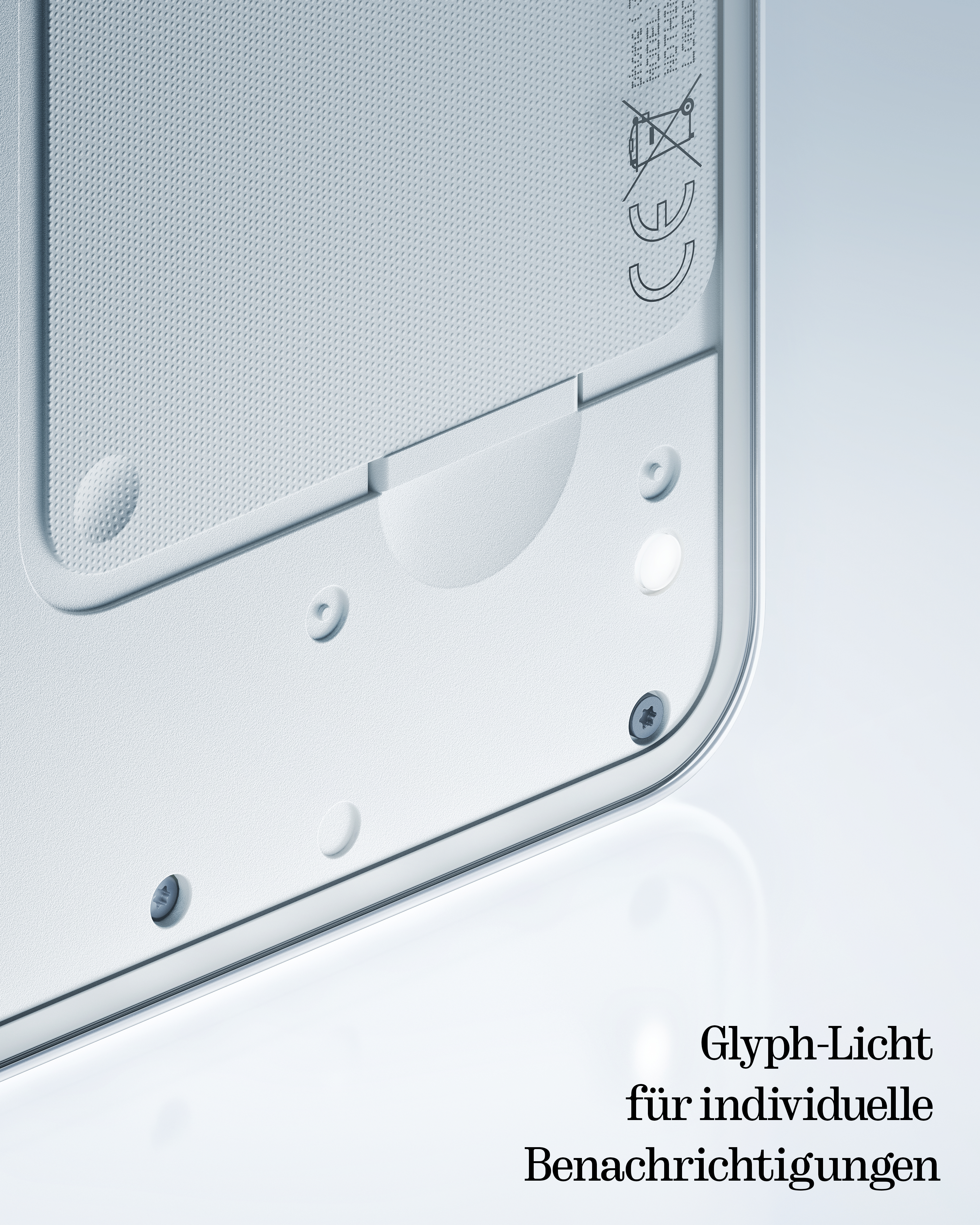 Nahaufnahme eines weißen Geräts mit strukturierter Oberfläche, Schrauben und glänzendem Rand. Text darunter: 'Glyph-Light für Benachrichtigungen'.