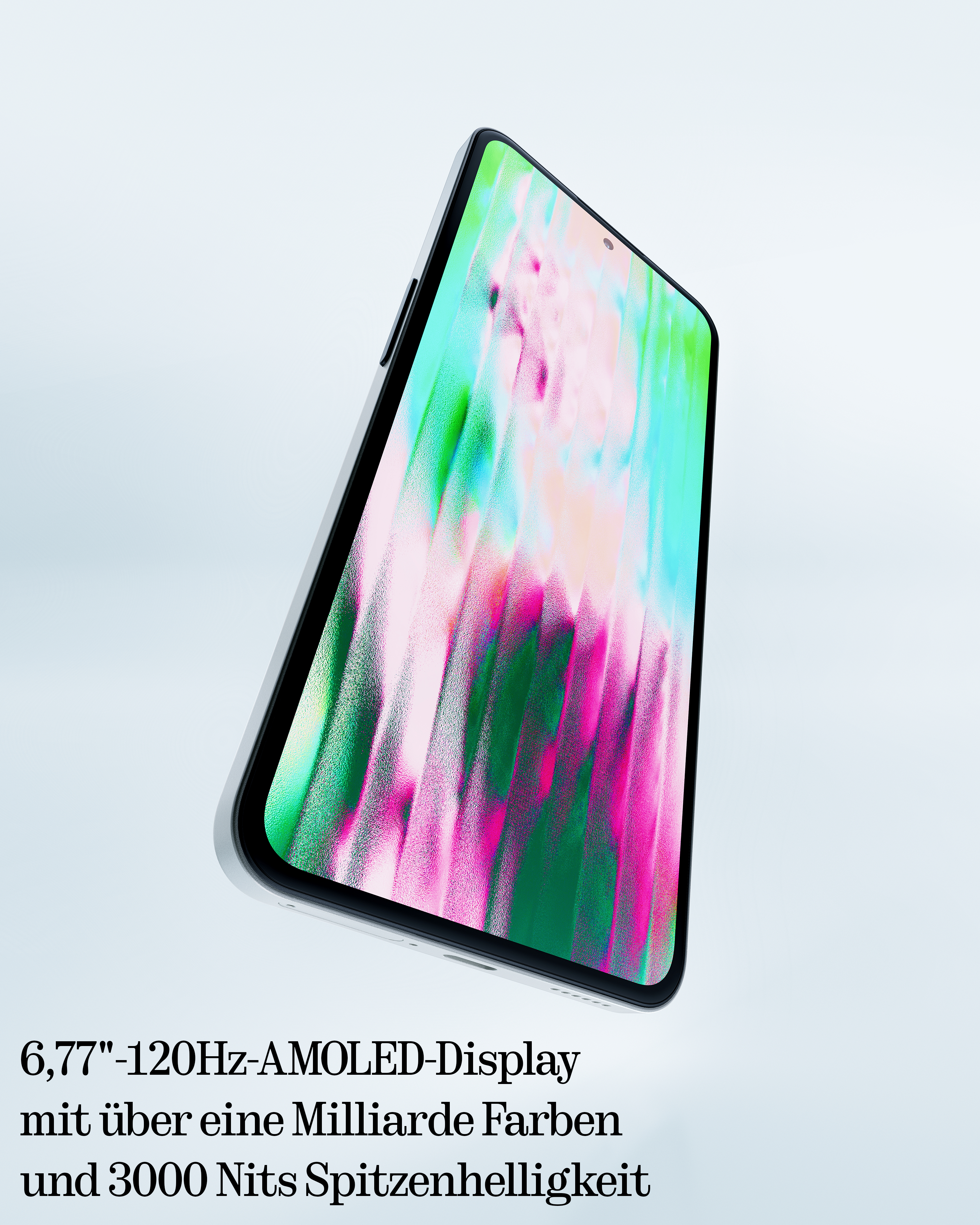 Ein Smartphone mit farbenfrohem Bildschirm. Text unten beschreibt die Bildschirmmerkmale.