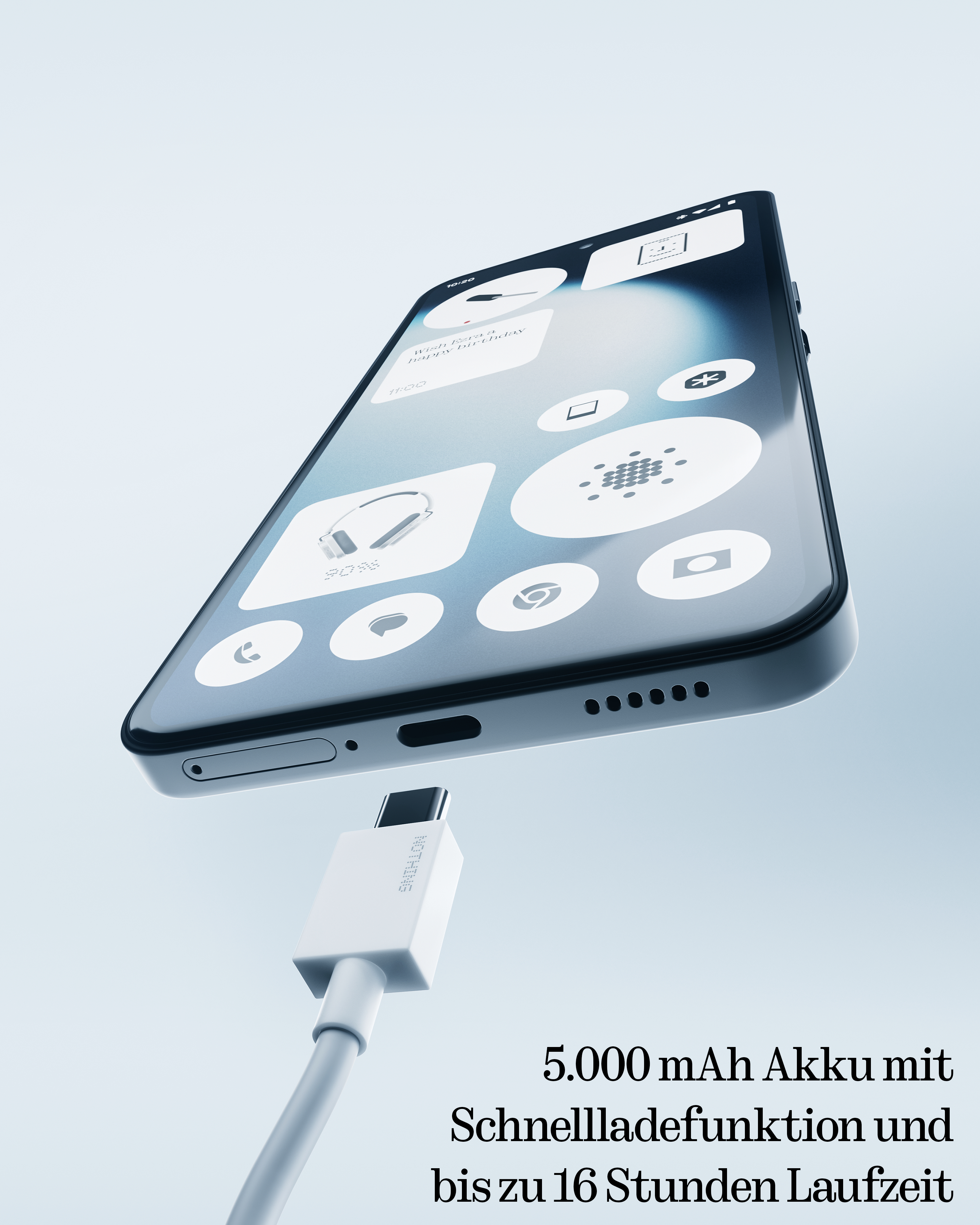 Ein Telefon wird mit einem weißen Kabel aufgeladen. Der Bildschirm zeigt App-Symbole. Text zeigt Akku- und Ladefunktionen.