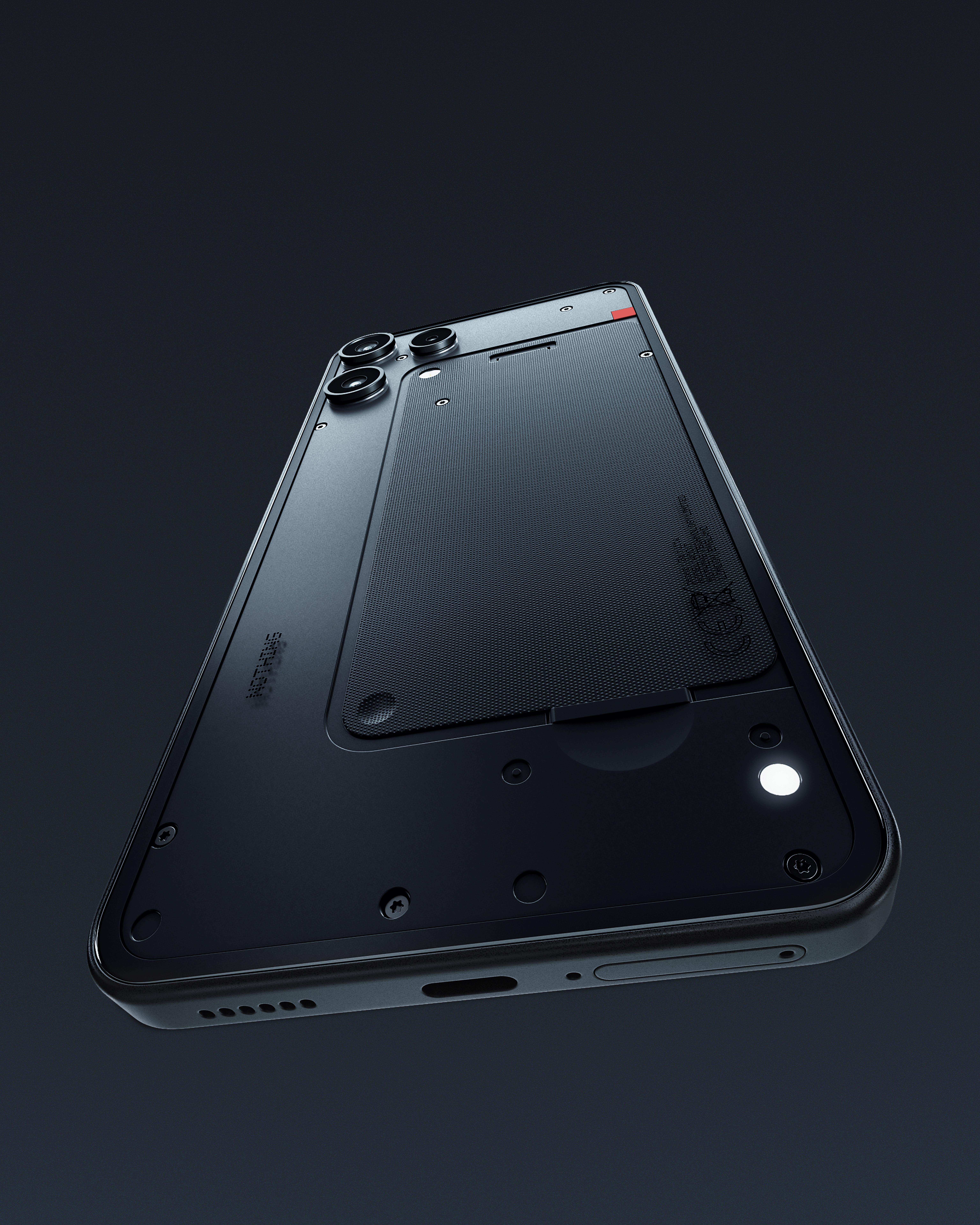 Schwarze Smartphone-Rückseite mit Kameras, strukturierter Oberfläche und rotem Akzent auf dunklem Hintergrund.