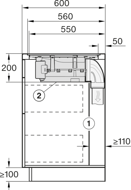 Diagramm eines Lüftungssystems mit Abmessungen. Enthält Leitungen, nummerierte Komponenten und Maßangaben, alles in Schwarzweiß.