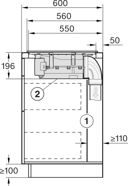 Diagramm eines Lüftungssystems mit Abmessungen. Es umfasst eine Einheit mit einem gebogenen Rohr, nummerierten Bereichen und Maßen.