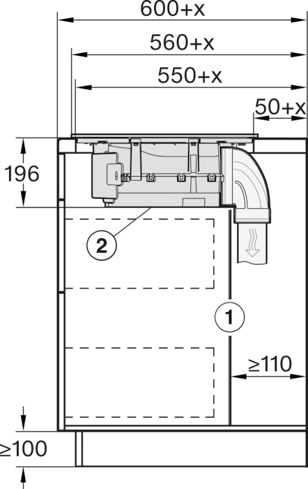Diagramm mit Abmessungen und Komponenten eines Lüftungssystems. Enthält Maße, beschriftete Abschnitte und eine Luftstromanzeige.