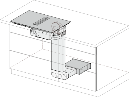 Diagramm eines Küchenlüftungssystems, das Haube, Kanäle und interne Komponenten in einer Schrankstruktur zeigt.