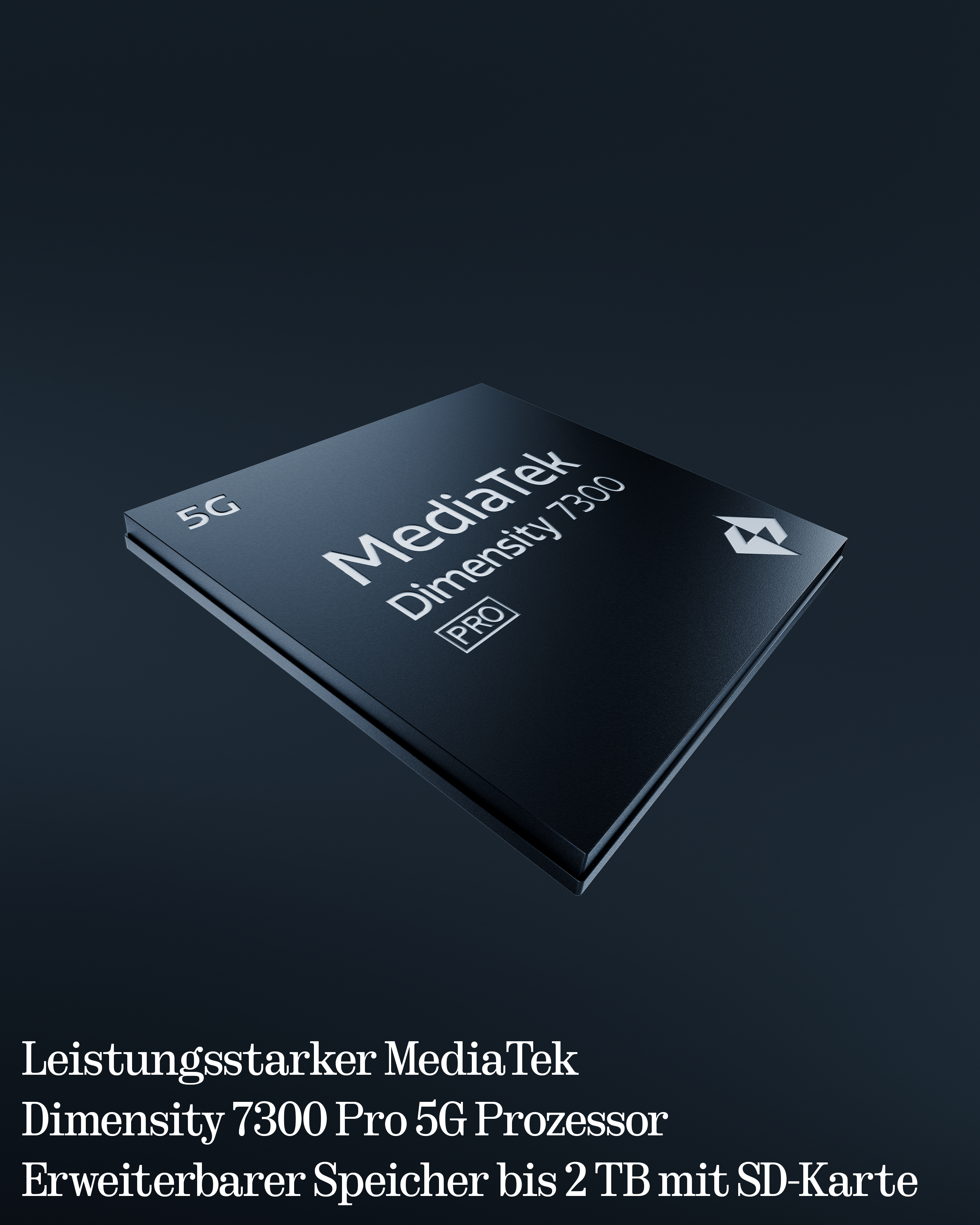 Schwarzer MediaTek Dimensity 7300 Pro Chip mit 5G auf dunklem Hintergrund. Text unten beschreibt Merkmale.