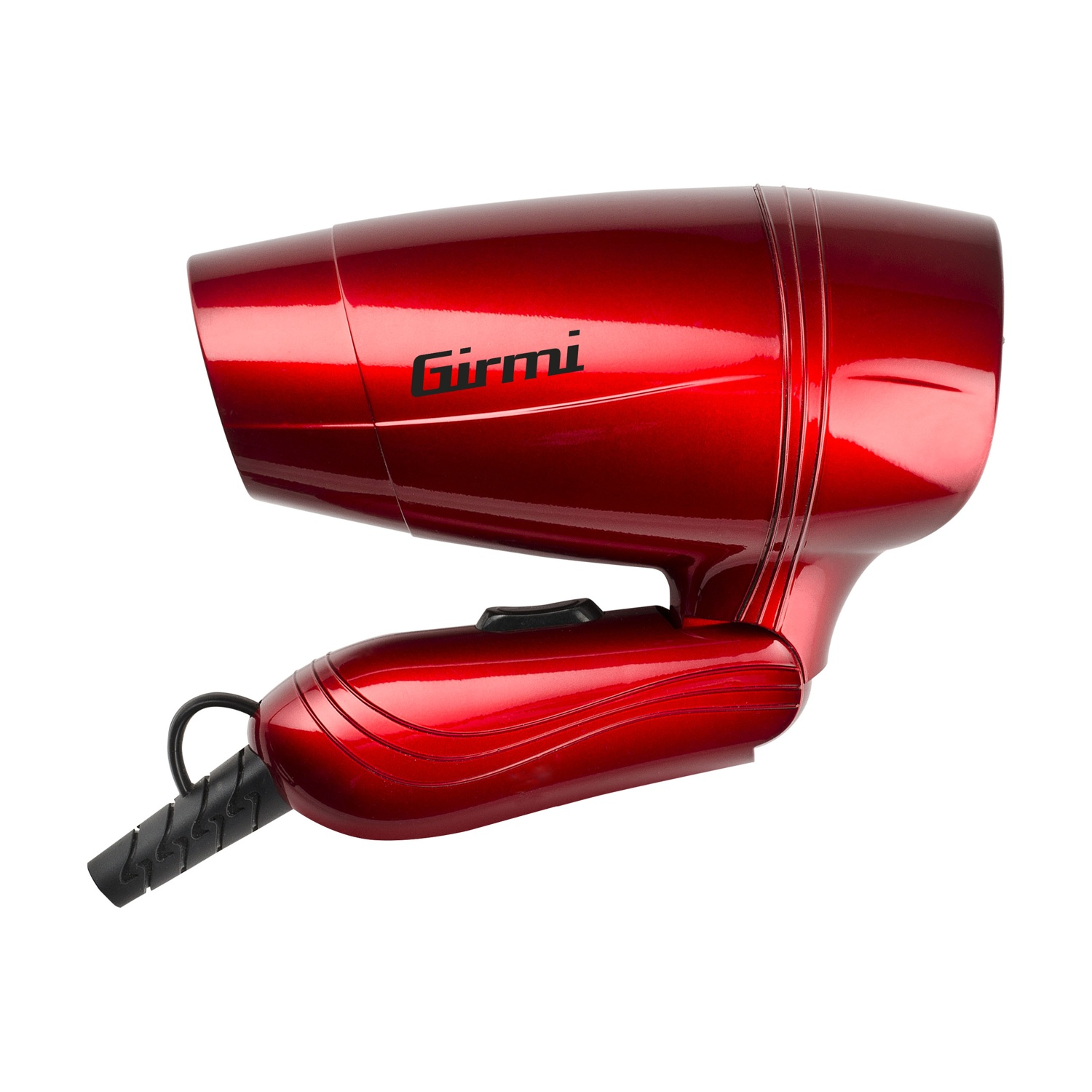 Un asciugacapelli Girmi rosso su sfondo bianco. Ha un manico nero e un interruttore nero. Il marchio è visibile.