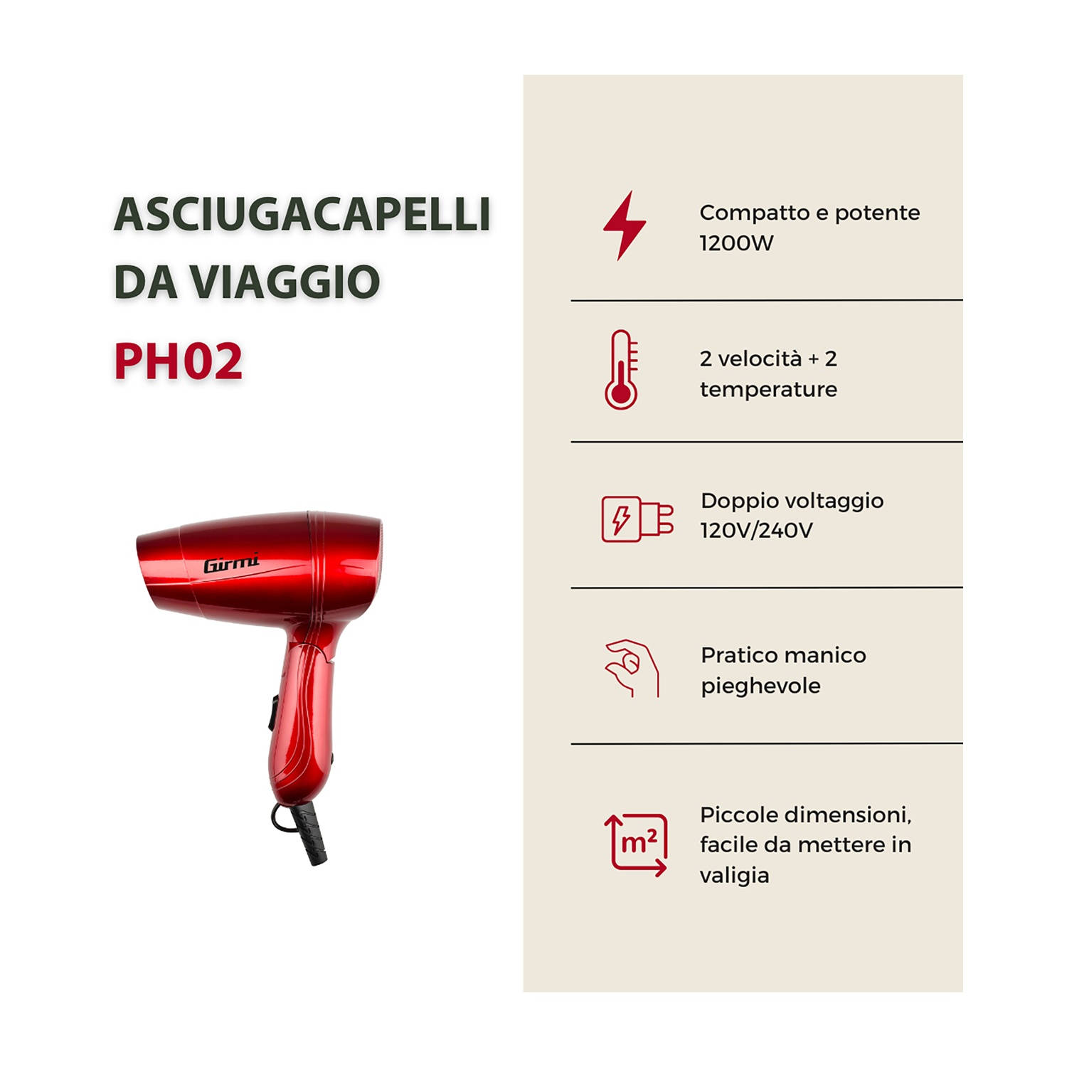 Un asciugacapelli rosso con manico nero su sfondo bianco. Il testo italiano descrive caratteristiche come potenza e voltaggio.