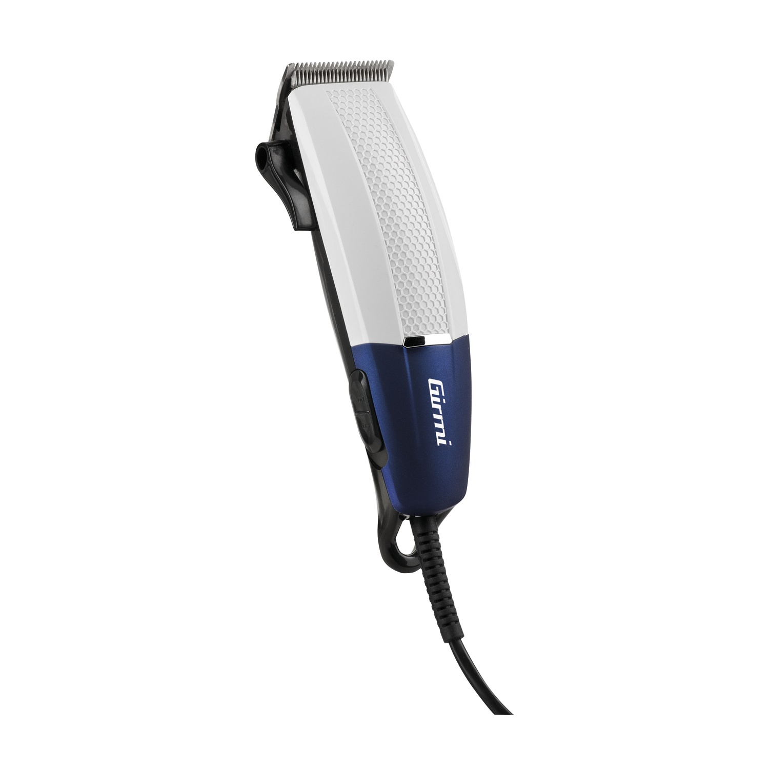 Tagliacapelli elettrico. Corpo bianco e blu con manico e cavo neri. Il marchio è Gurmi.