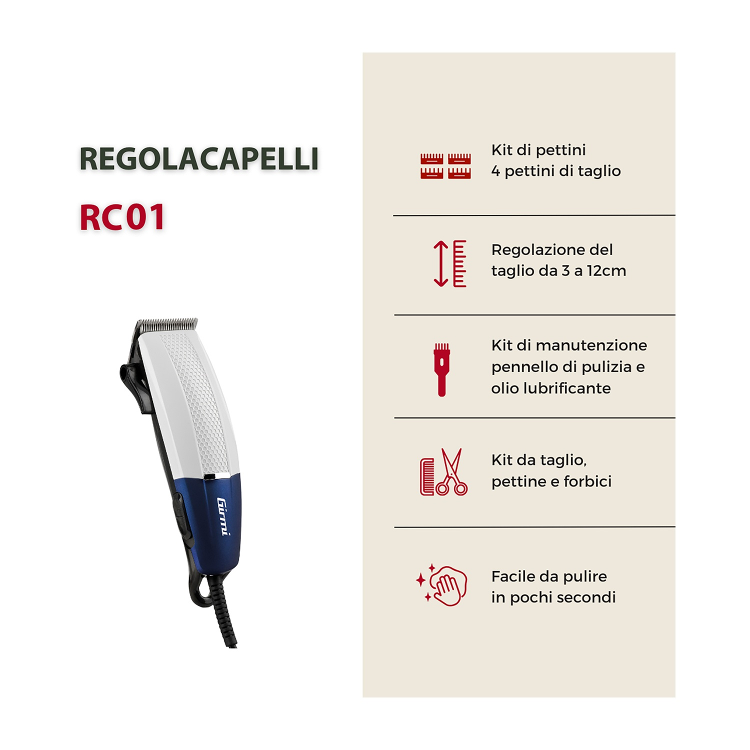 Tosatrice con corpo bianco e blu, cavo nero e informazioni prodotto in italiano.