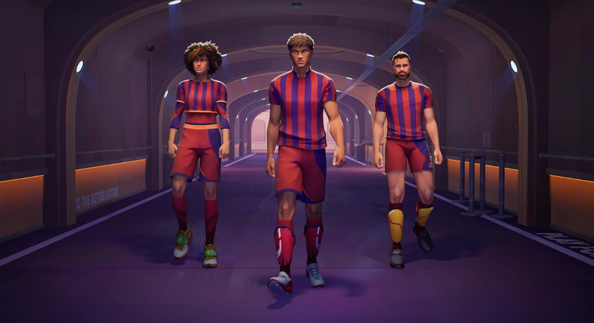 Drei Fußballspieler gehen in einem Tunnel. Sie tragen rot-blau gestreifte Trikots, Shorts und Socken. Der Tunnel hat Lichter.