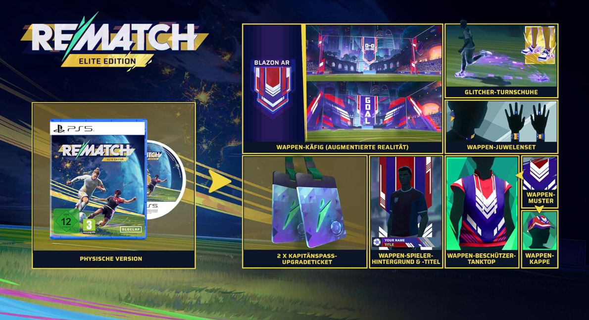 Spielcover mit Fußballspielern. Zusätzliche Artikel umfassen digitale Assets und eine Spiel-Disc. Enthält Text in mehreren Sprachen.