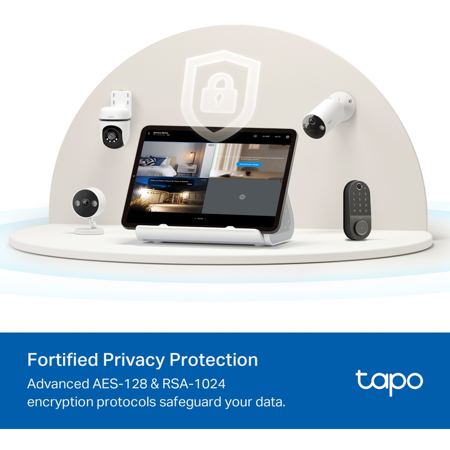 A security system setup with a tablet displaying camera feeds, multiple cameras, and a keypad on a white platform. Tapo logo is visible.