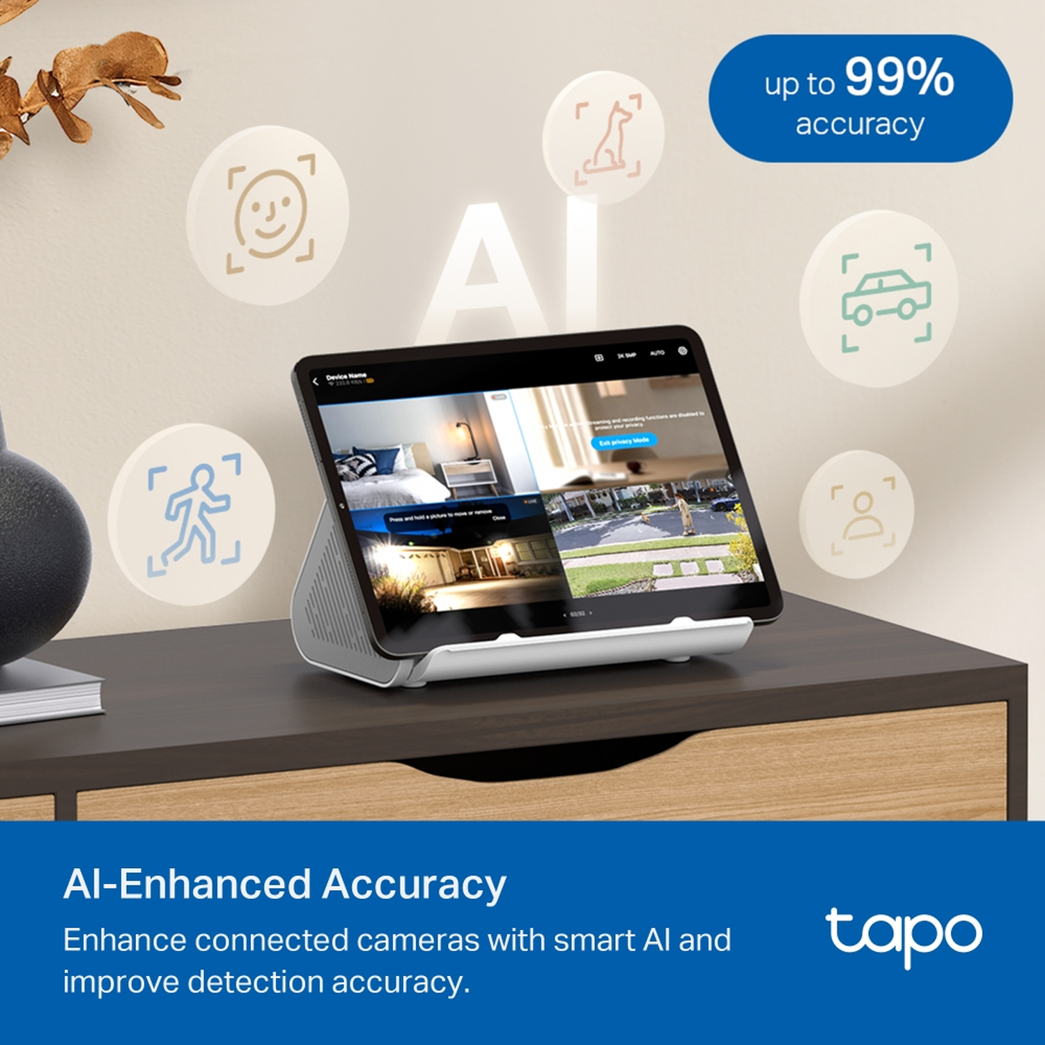 Tablet displaying security camera views on a stand. Icons for face, person, dog, car, and person. Text: Al-Enhanced Accuracy.
