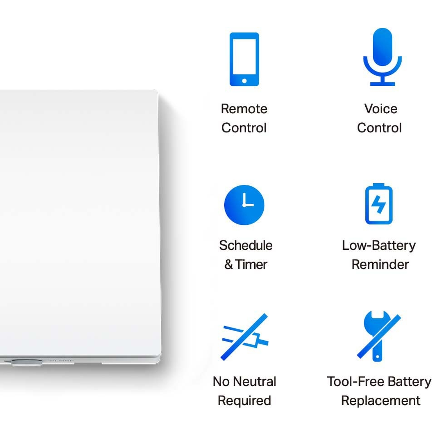 White device with feature icons: remote, voice, schedule, low battery, no neutral required, and tool-free battery replacement.