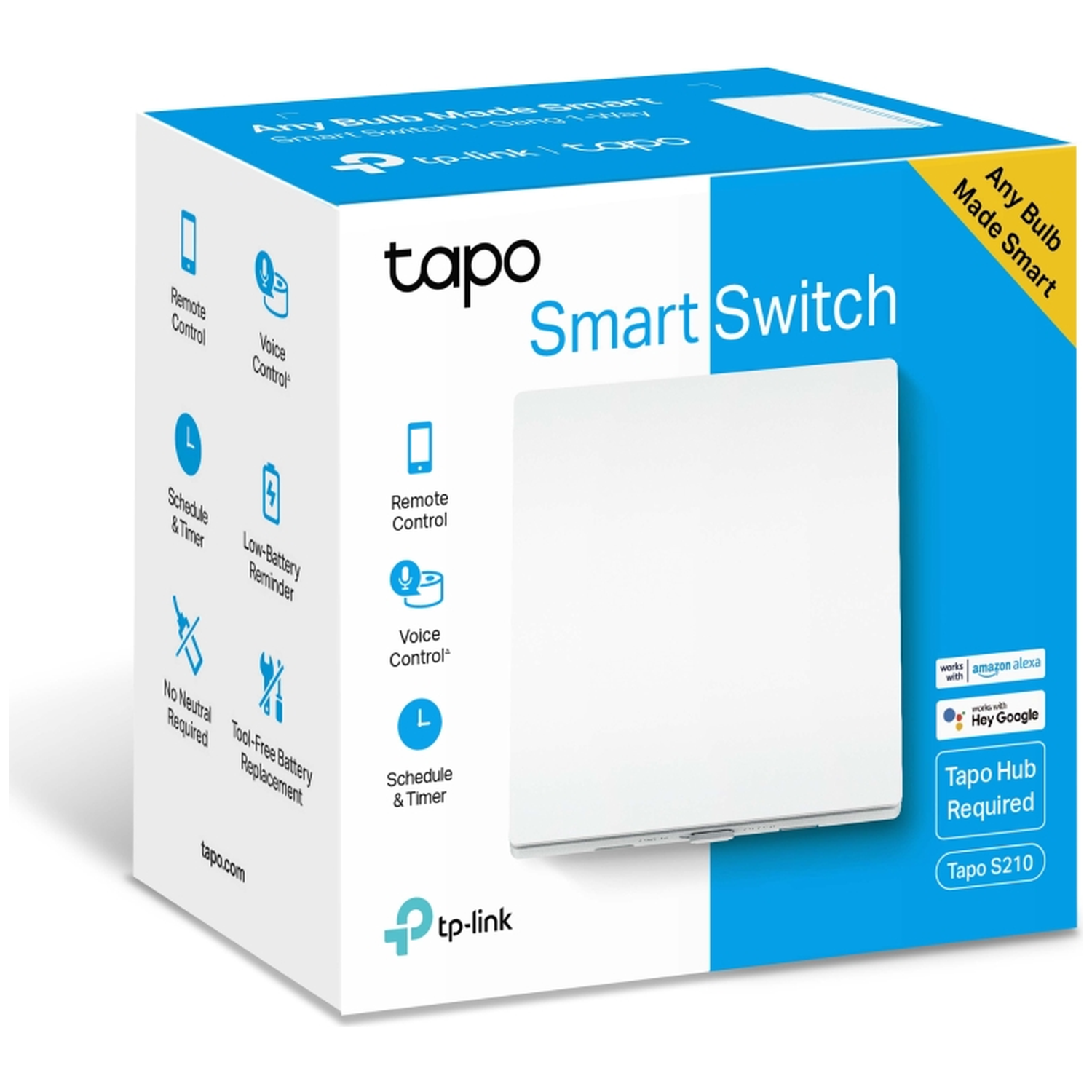 A Tapo Smart Switch box. Features: remote control, voice control, schedule & timer. Colors: white, blue, and yellow. Brand: Tapo, tp-link.